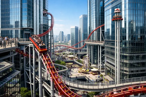 Roller Coaster Weaving Through Skyscrapers in an Urban Amusement Park