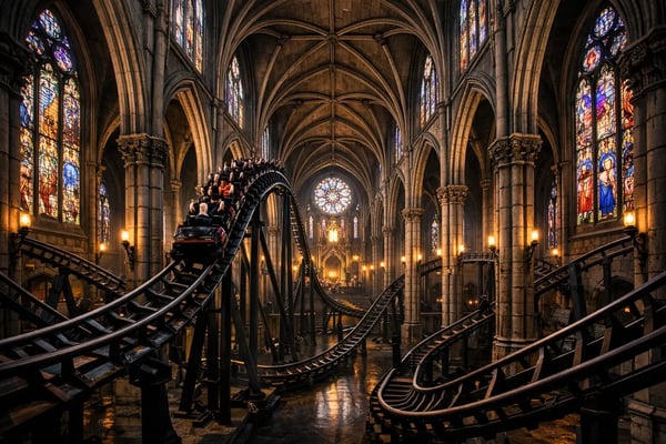 Haunted Ride Inside a Gothic Cathedral Amusement Park