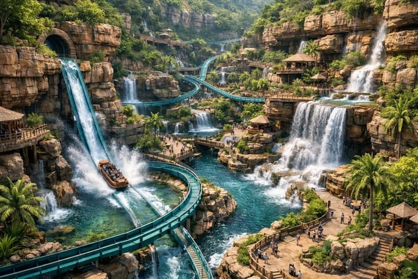 Water Coaster Cutting Through a Jungle Canyon Amusement Park