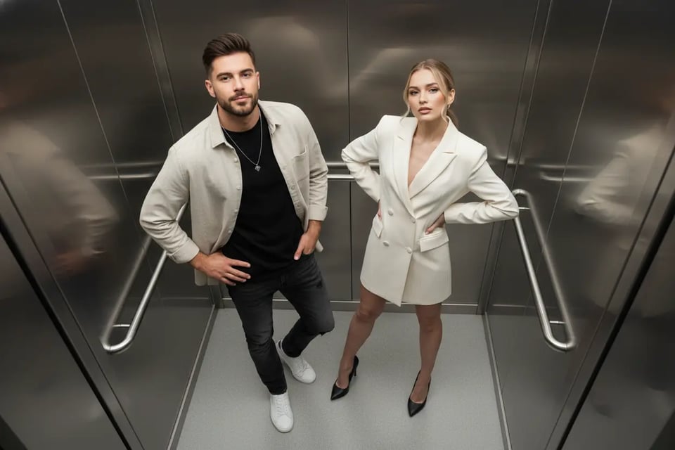 Fashion Elevator Pose with Magazine Flair