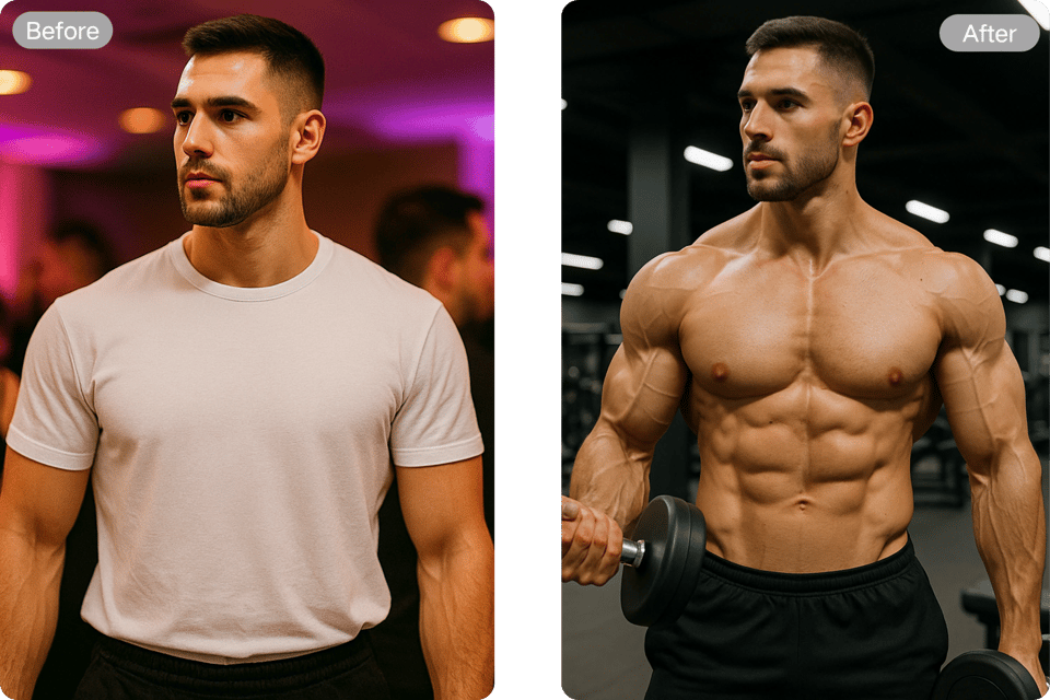 Erzeugen Sie attraktive Bodybuilder mit aufgepumpten Bizeps und 8-Pack-Abdominalmuskeln