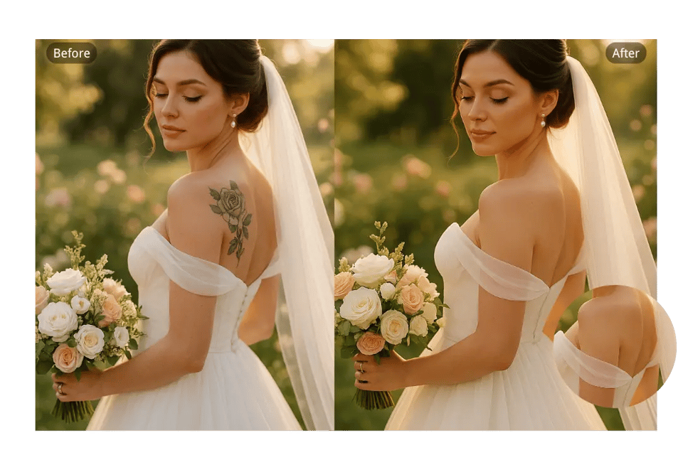 AI Tattoo Removal with Automatic Skin Restoration in Wedding Albums