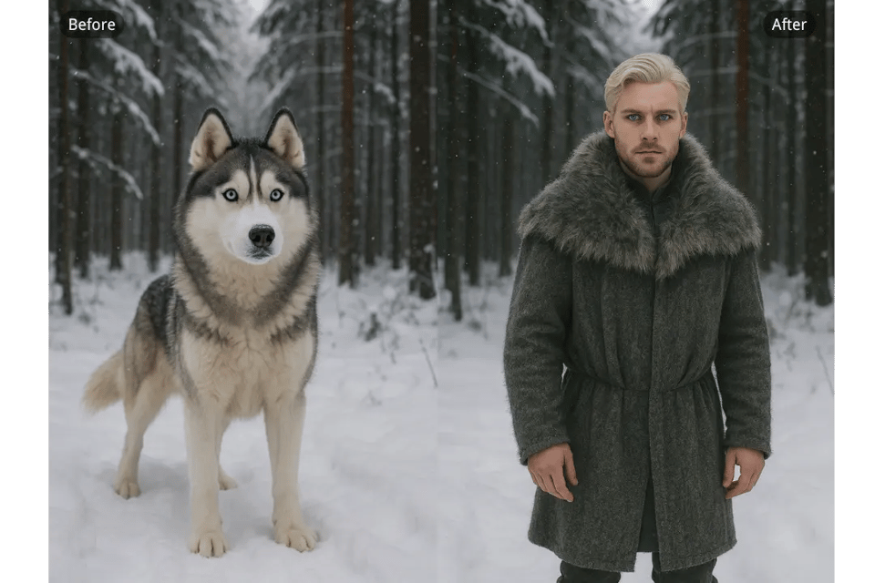 Transformation IA d'animal en humain – Gratuit, en conservant les traits distinctifs dans des scénarios réels