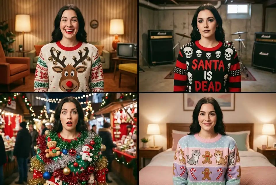 Ideas de manualidad para suéteres feos con diseños basados en texto