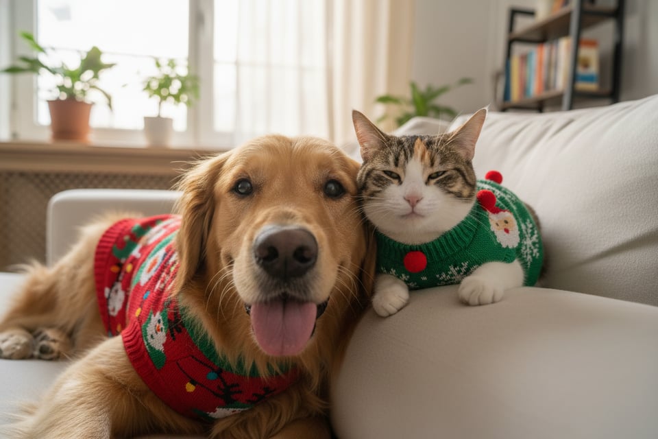 Fotos de Mascotas con Diseños de Suéter Navideño Feo por IA