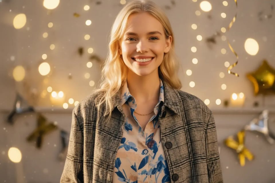 Cozy New Year Portrait with Festive Lights