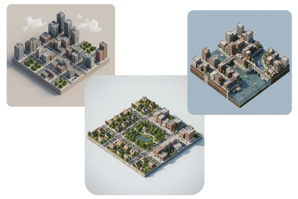 Isometric 3D City Weather Scenes with High-Definition Miniature Detail