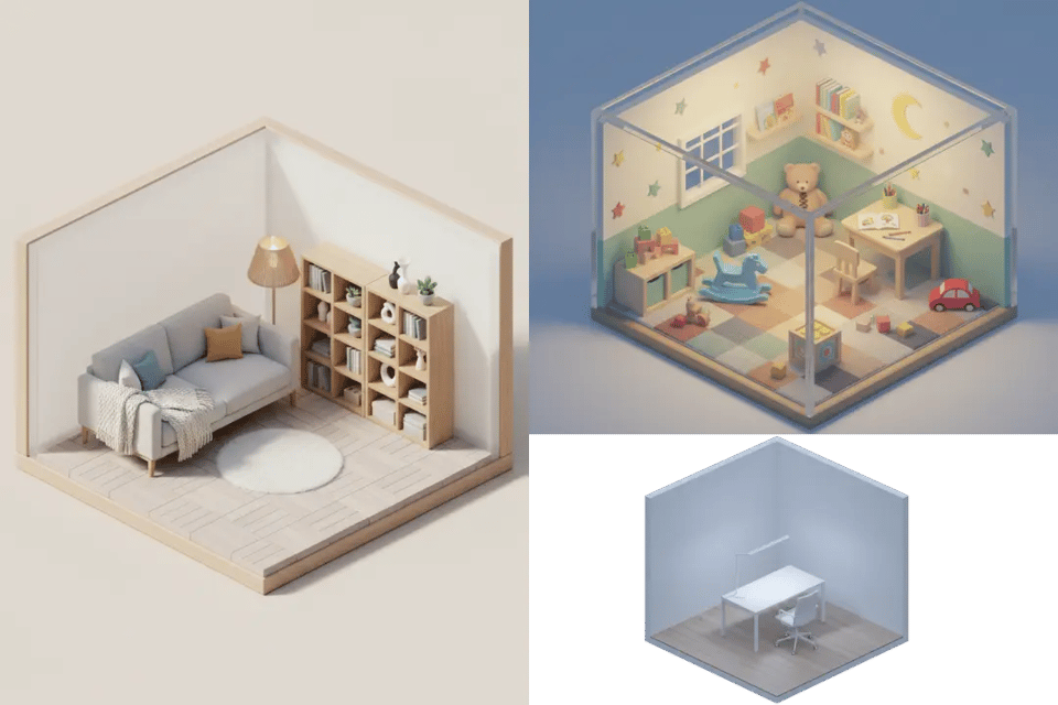 3D Miniature Isometric Rooms Built as Complete Cubes