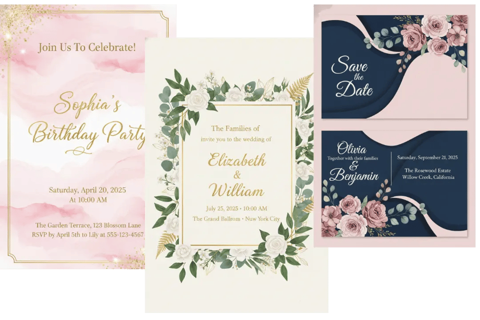 Tarjetas de invitación en alta resolución para compartir digitalmente e imprimir