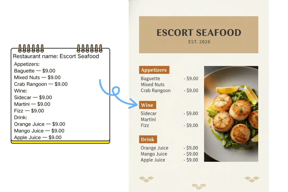 AI Menu Generator Online from Your Own Menu Text