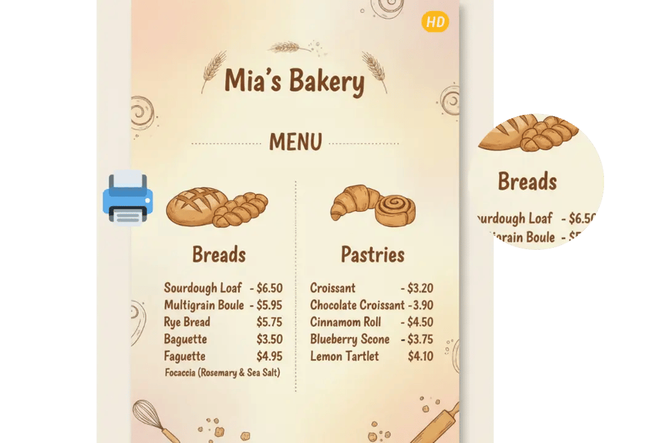 Print-Ready AI Menu Design with Branding Support