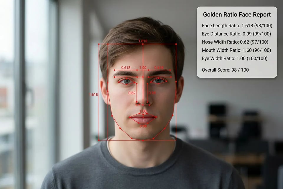 Golden Ratio Face Score with Facial Symmetry Overlay
