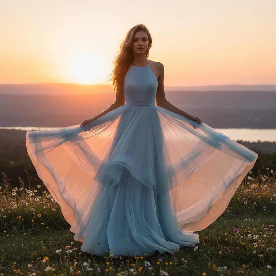 Blue Chiffon Flowing Prom Dress