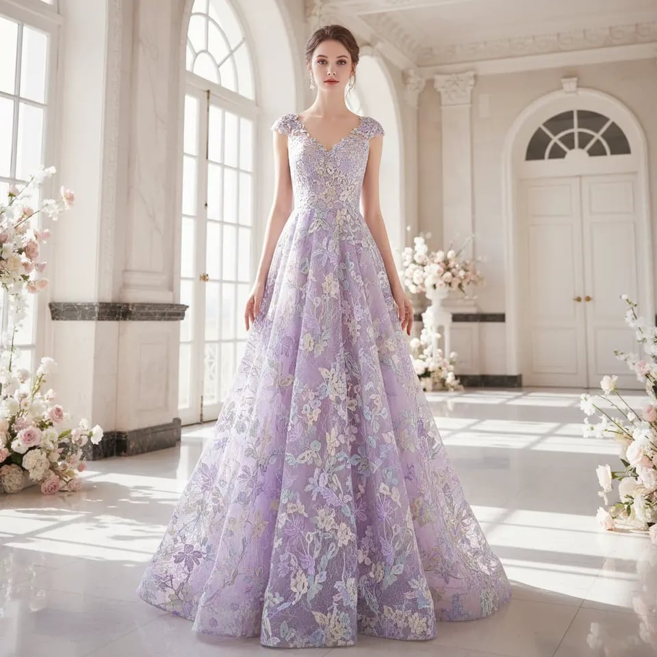 Lavender Lace Romantic Prom Dress