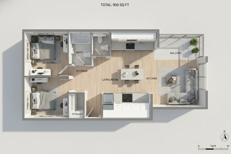 Two-Bedroom Apartment Floor Plan with Open Kitchen