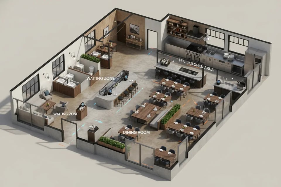 Restaurant Floor Plan Layout with Kitchen and Seating Zones