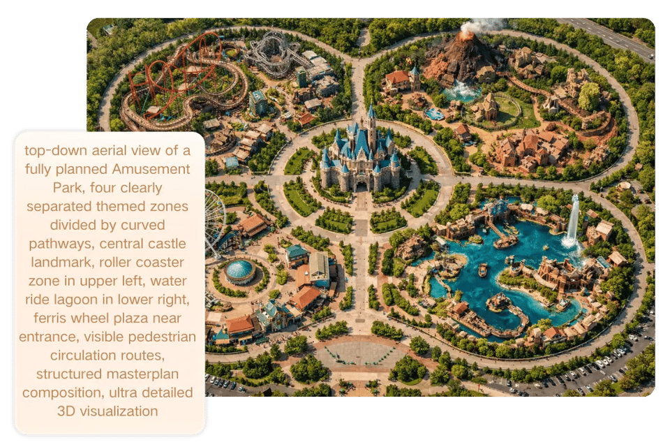 Text-to-Image Amusement Park Design with Structured Ride and Zone Composition