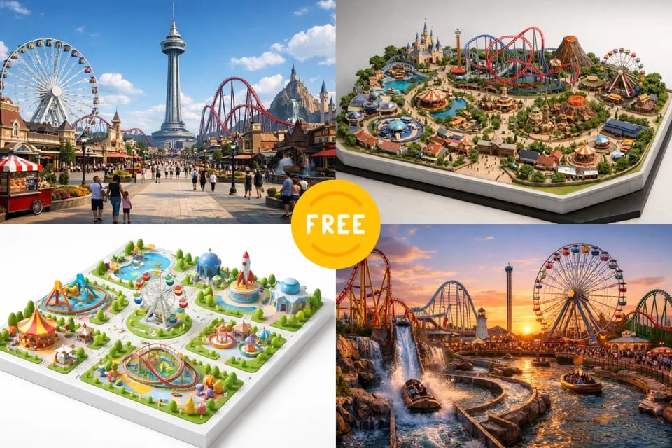 Multi-Style 3D Amusement Park Render and Isometric Amusement Park Layout Support