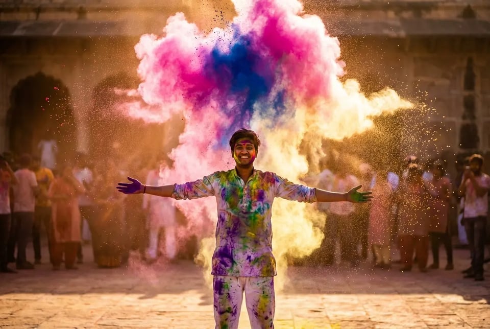 Holi AI Photo Editing Prompt Cinematic Powder Explosion