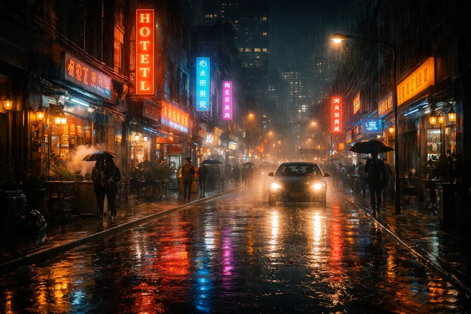 Cinematic Night Street with AI Rain Effect