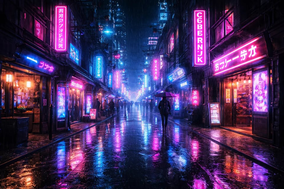 Neon Rain Scene for Futuristic Visual Style