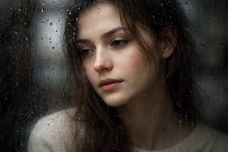 Rainy Window Portrait with Emotional Mood