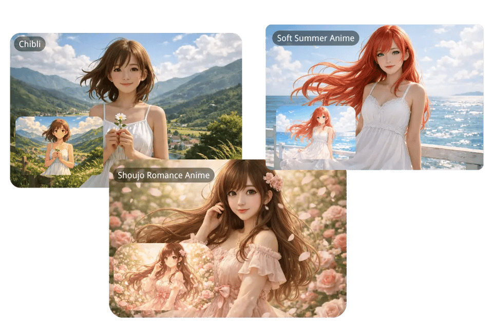 在线免费使用 AI 动漫转写实转换器,探索多种动漫风格