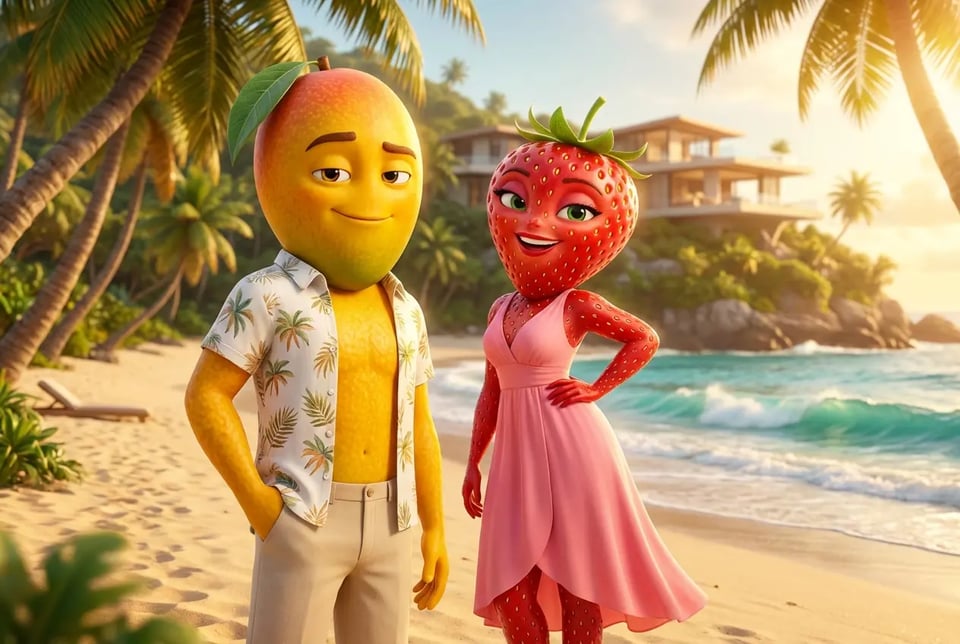Revelación de pareja tropical en la playa de la Isla de Frutas con Amor
