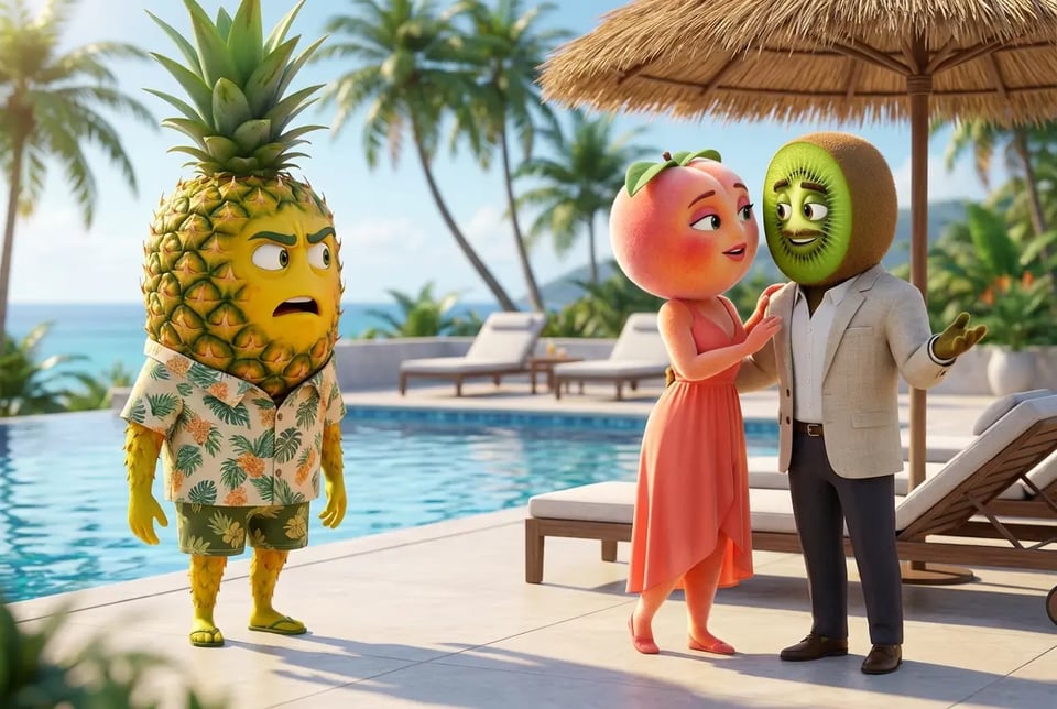 Escena de reacción de celos junto a la piscina