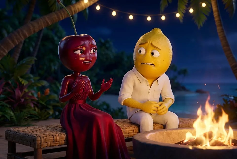 Confesión frente a la fogata nocturna en la Isla de Frutas Inteligentes