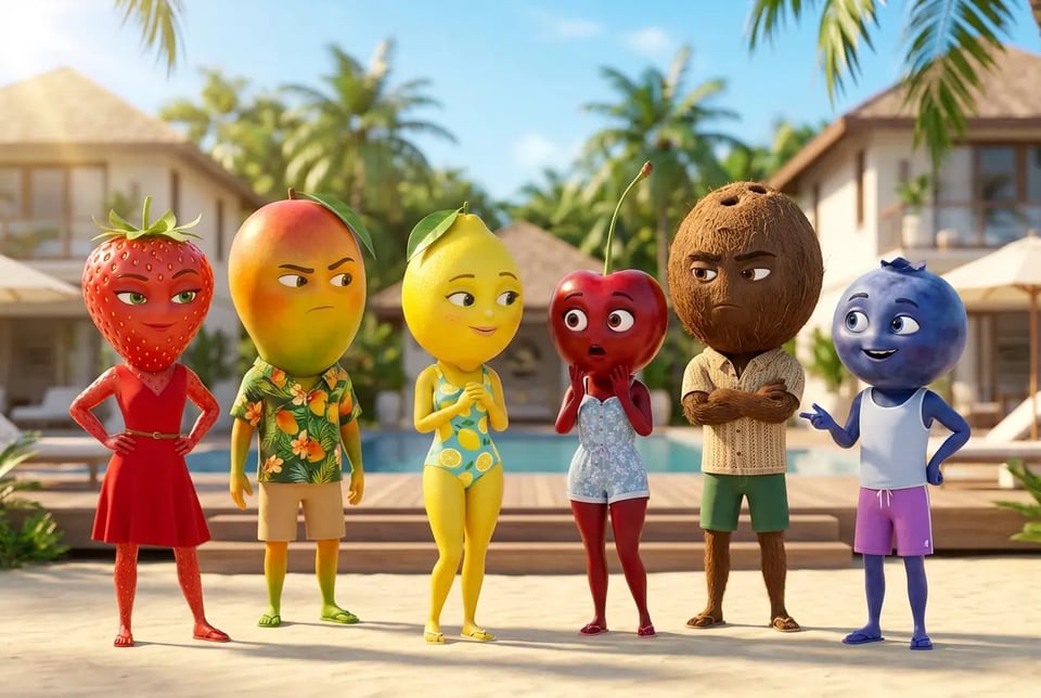 Cartel de reparto para una serie de historias de frutas