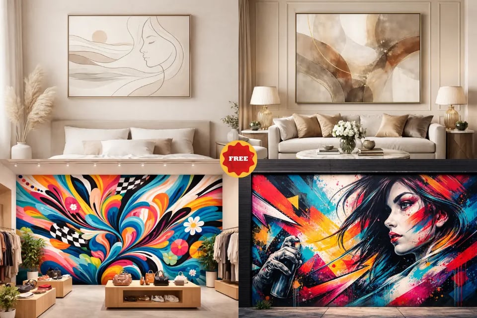 Pasa del arte de pared suave a estilos de mural audaces para diferentes espacios