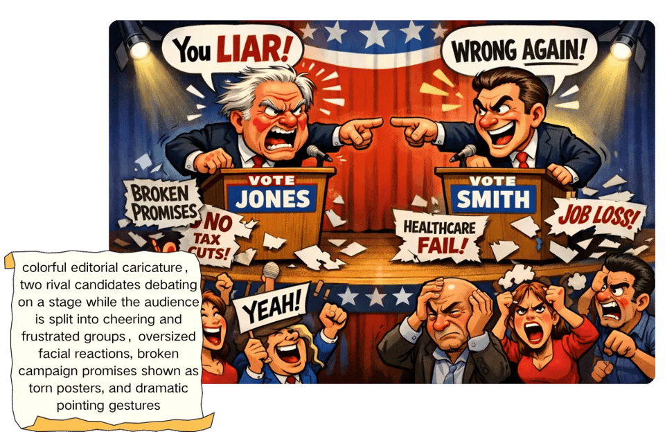 Turn Text Ideas into Political Cartoon Scenes with More Visual Impact
