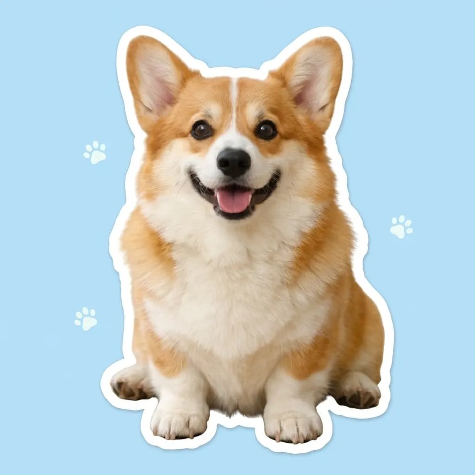 A White Outline Sticker of a Smiling Corgi