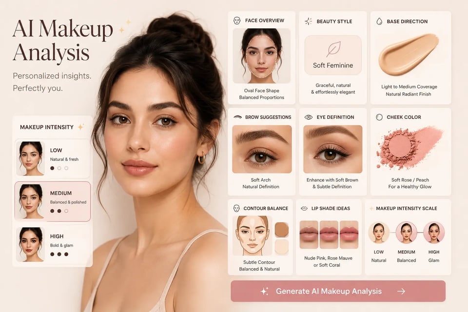 AI Makeup Analysis with Clear Feature Breakdown and Makeup Intensity