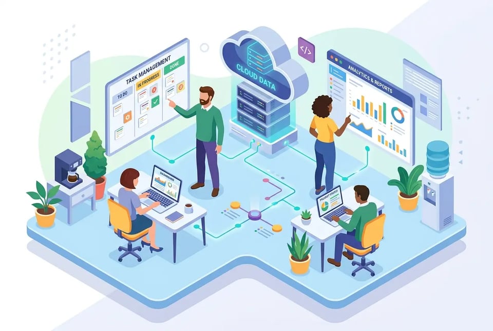 Ilustración isométrica para escenas de flujo de trabajo empresarial